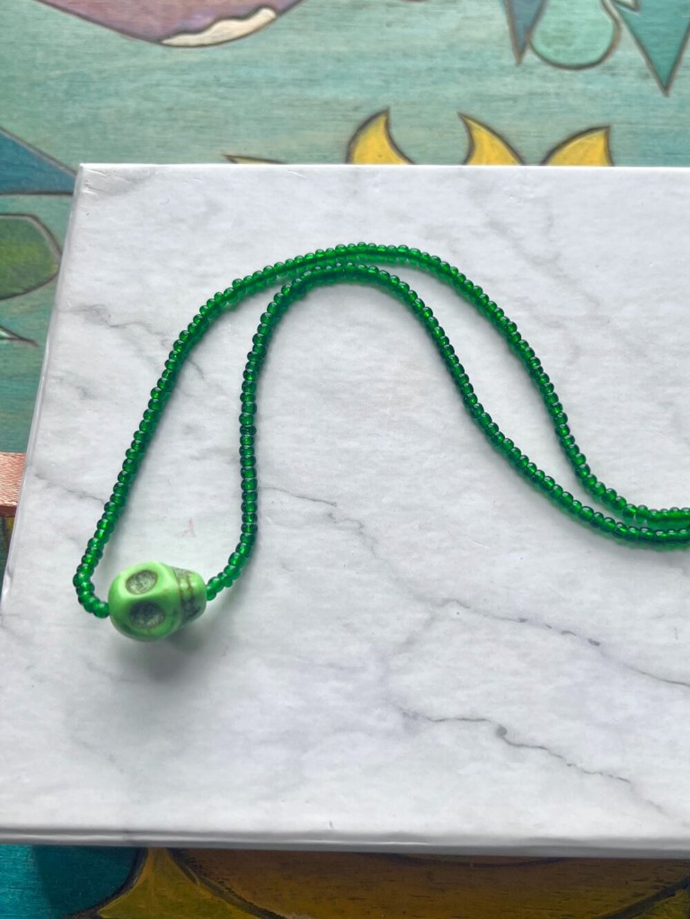 Green Candy Skull Seed Beaded Choker Necklace